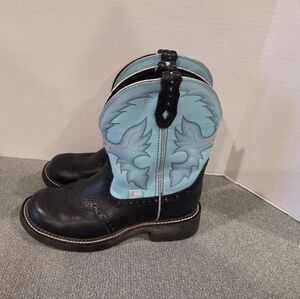 Justin Women's Sz 8B Boots Gemma Gypsy 8" Cowgirl Black Turquoise  L9905 Pull On